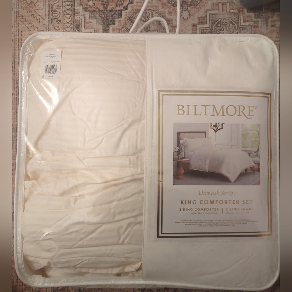 Biltmore damask Stripe Egyptian Cotton Ivory Comforter Set And 2 King Shams New